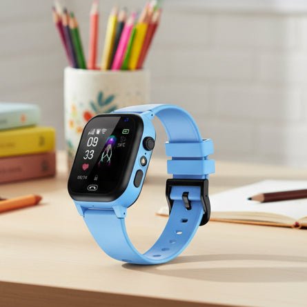 Blåt GPS-smartwatch til børn med farveskærm set forfra