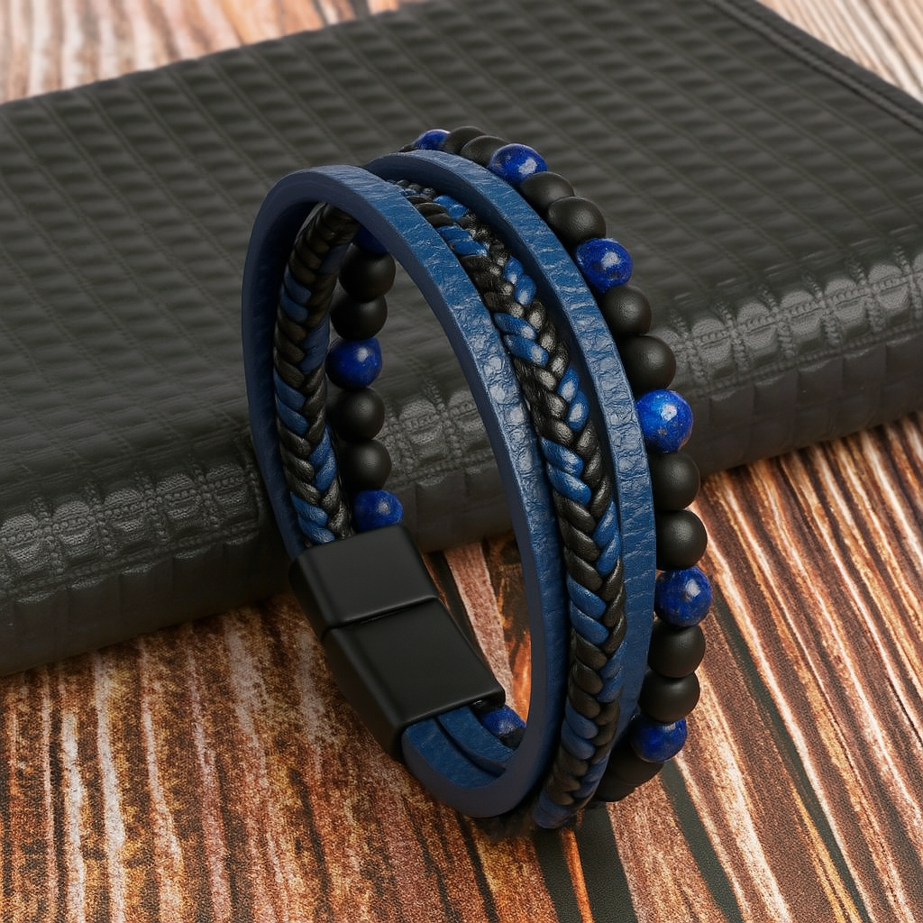 Herrearmbånd af læder og stenperler med magnetlukning – billede 3