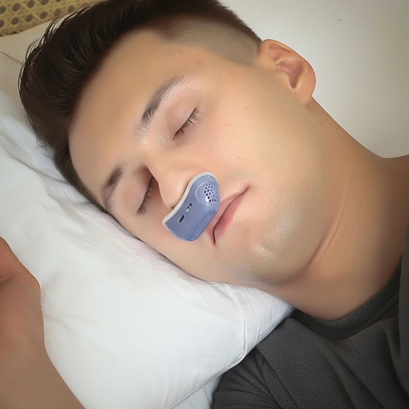 STILLEÅND kompakt CPAP-apparat i medicinsk silikone på et natbord