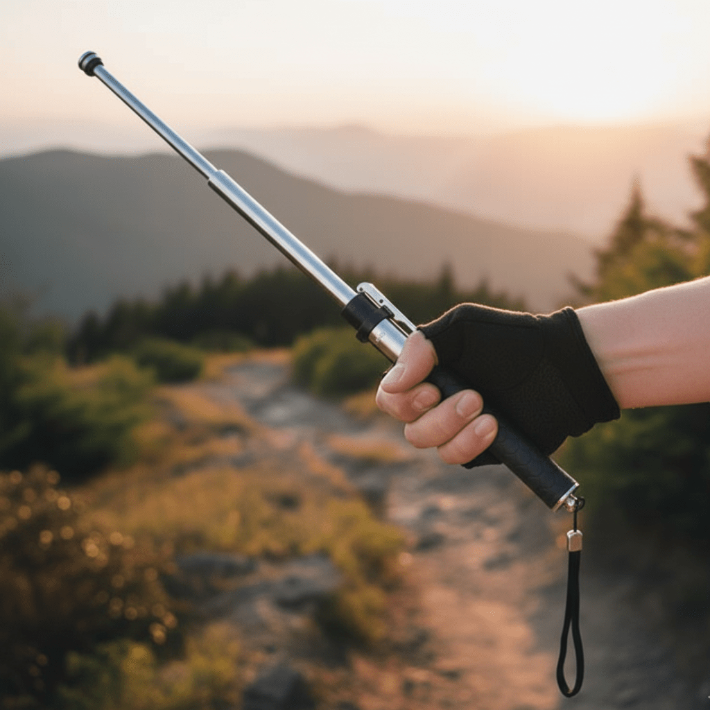 Foldbar vandrestok i aluminium med sort ergonomisk håndtag