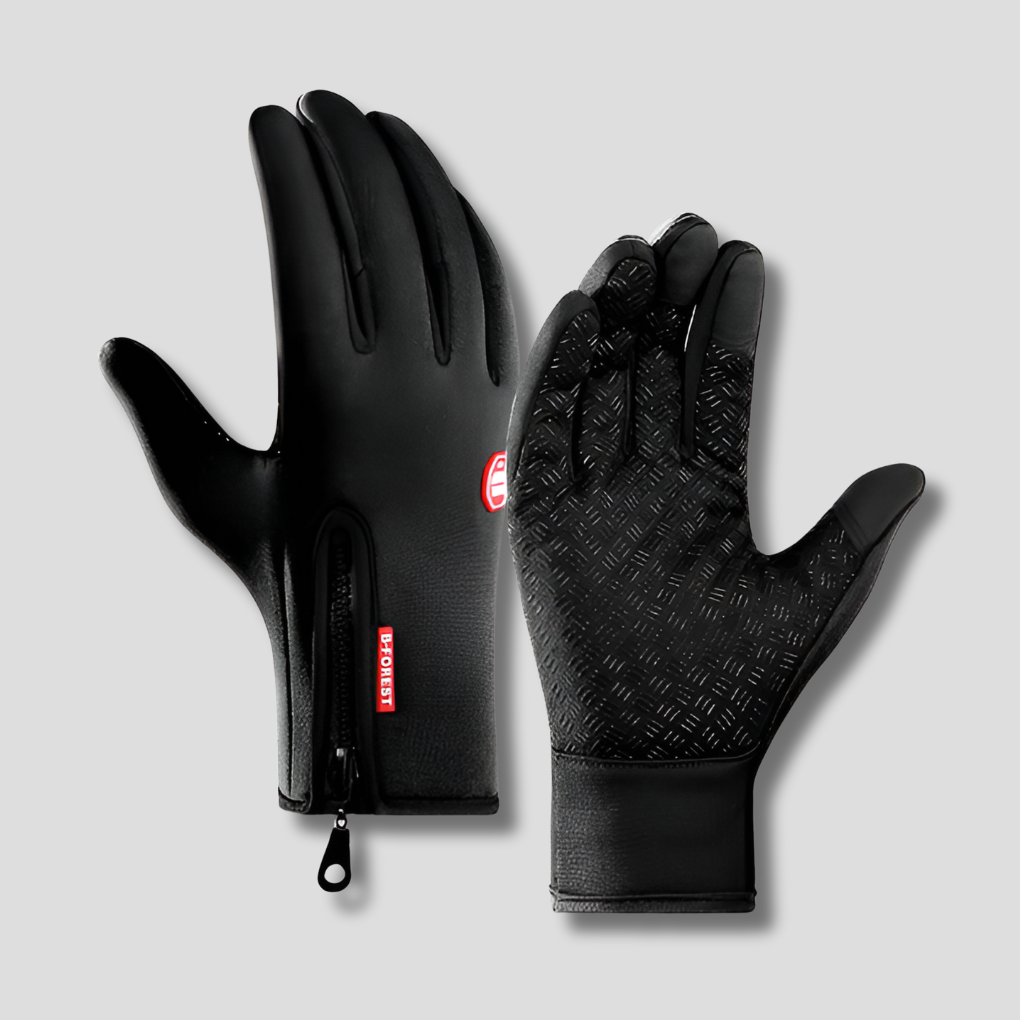 Sorte varmende handsker med touchfingre set ovenfra