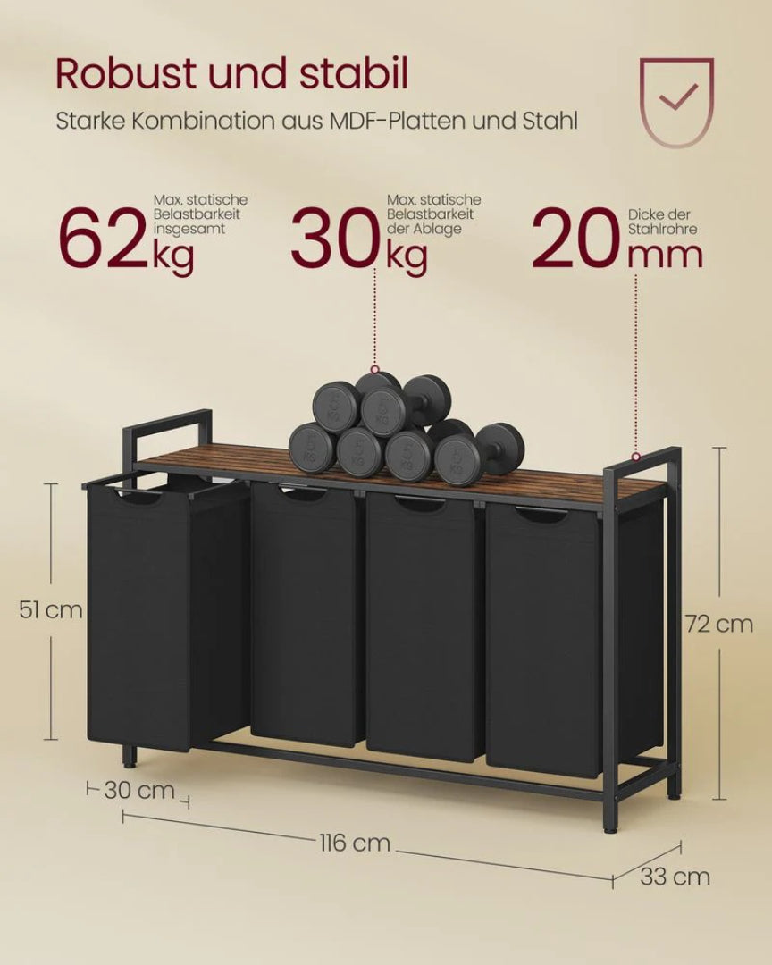 Vasketøjssorterer med rullekurve og opbevaringsreol