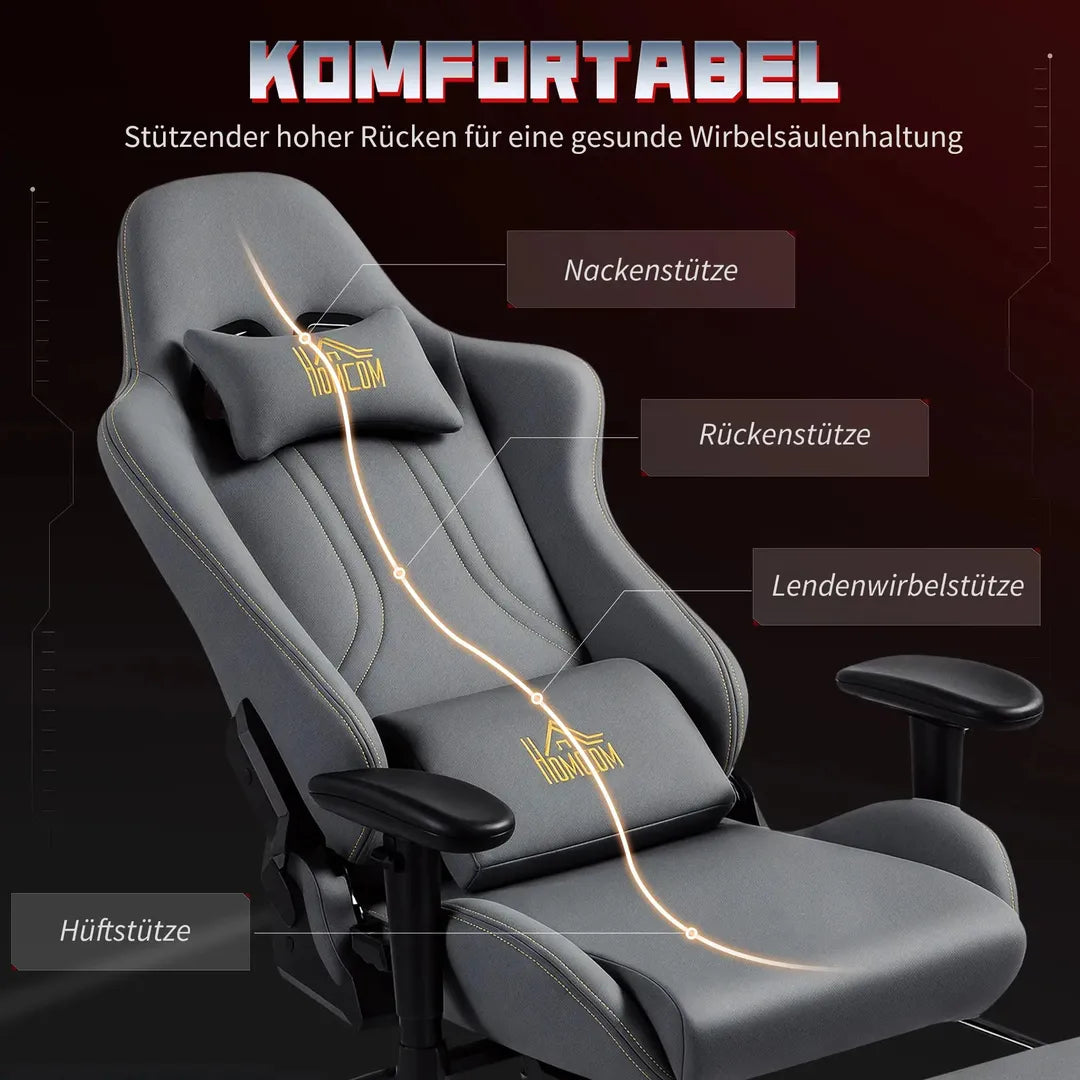 Ergonomisk gamerstol med 3D-armlæn – justerbar ryglæn, lændestøtte og hjul, grå