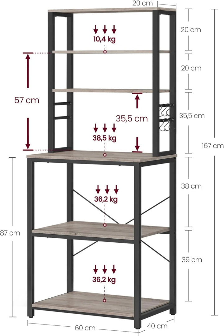 Industriel køkkenreol med 4 hylder og S-kroge