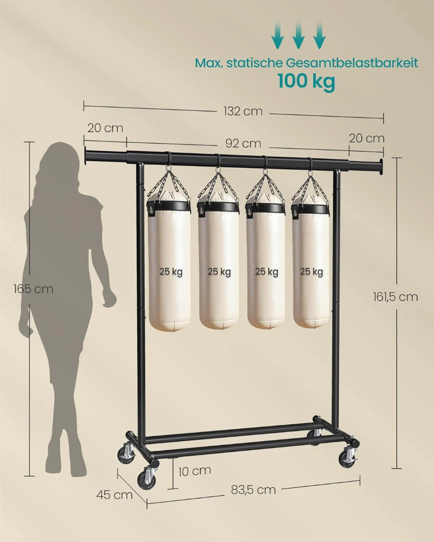 Tøjstativ på hjul – udtrækkeligt metalstativ 90 kg