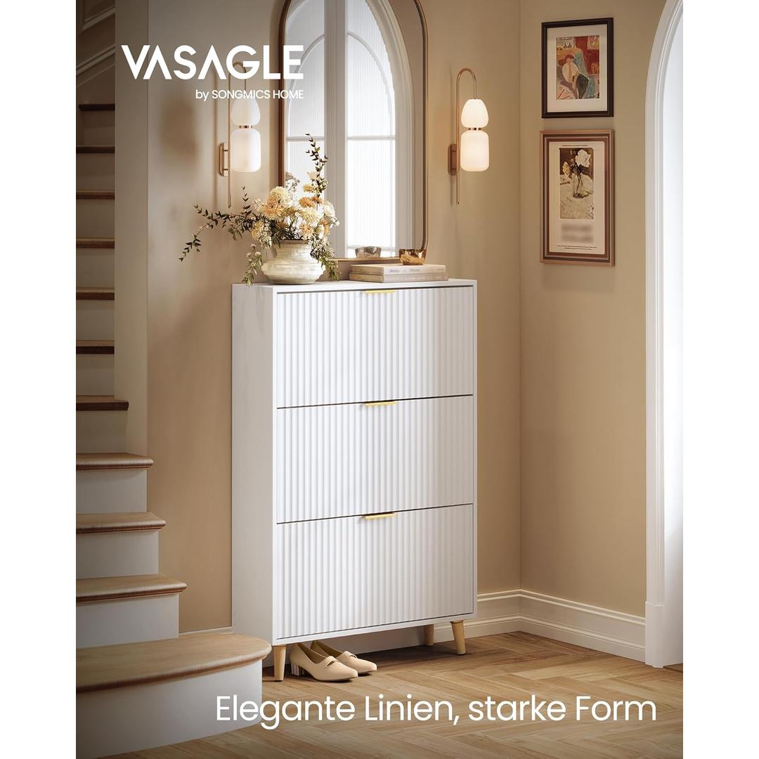 Skoskab med 3 låger – mid-century modern, riflede låger, til 18–24 par sko, 80 × 24 × 123 cm