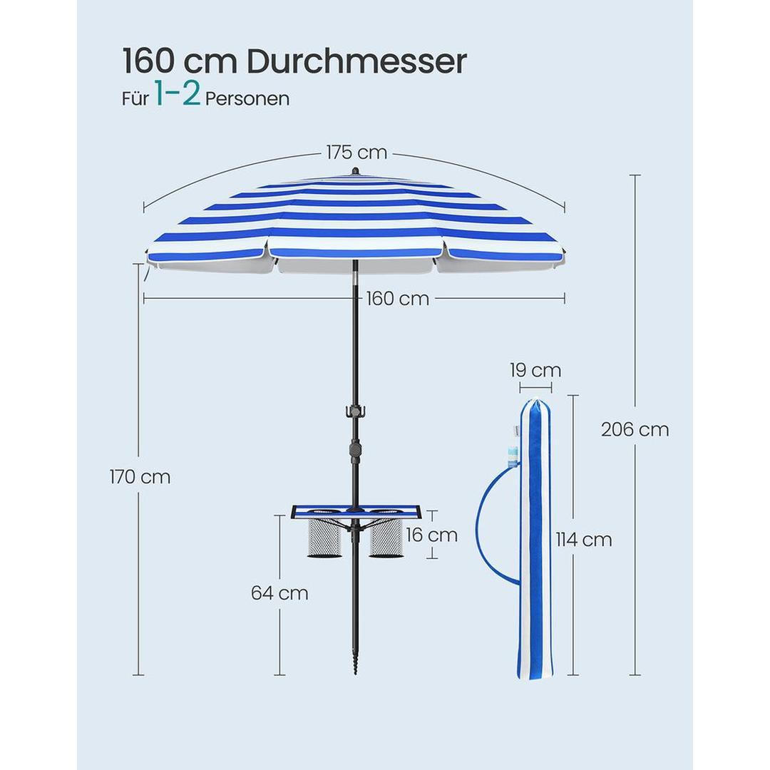 Strandparasol med opbevaringsrum – Ø160 eller 200 cm – justerbar 158-206 cm – UPF 50+ UV-beskyttelse – inkl. bæretaske