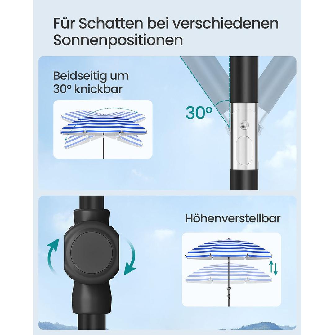 Strandparasol med opbevaringsrum – Ø160 eller 200 cm – justerbar 158-206 cm – UPF 50+ UV-beskyttelse – inkl. bæretaske