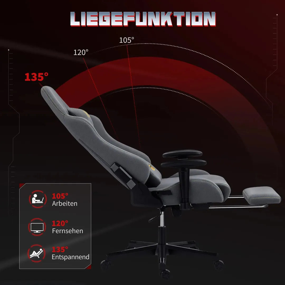 Ergonomisk gamerstol med 3D-armlæn – justerbar ryglæn, lændestøtte og hjul, grå