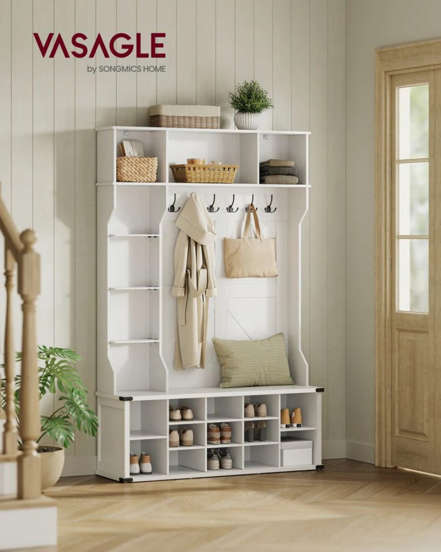 Garderobestativ med skoreol bænk og kroge hvid