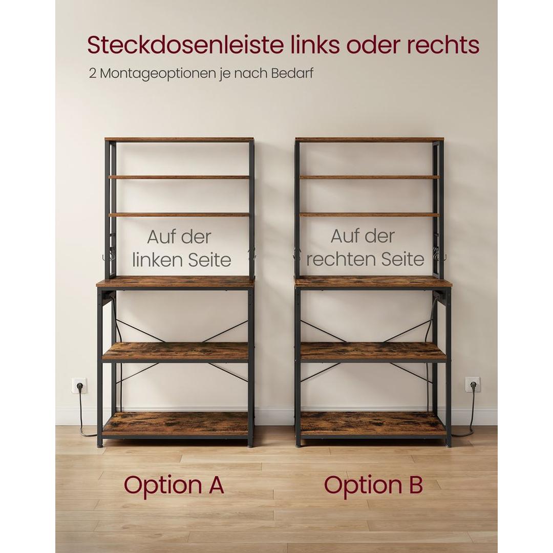 Køkkenreol med stikkontakter – fritstående opbevaringsreol med 6 hylder og kroge