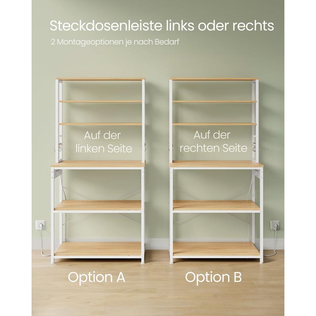 Køkkenreol med stikkontakter – fritstående opbevaringsreol med 6 hylder og kroge