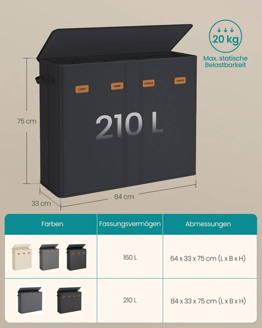 3-delt vasketøjskurv med låg og aftagelig pose