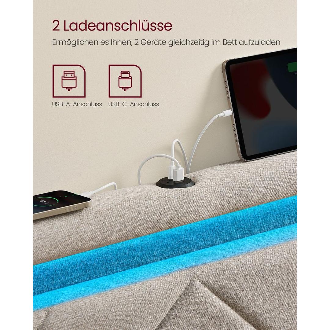 LED-boxspringseng med opbevaringsskuffer – USB-A og USB-C, justerbart sengegavl, cappuccino beige