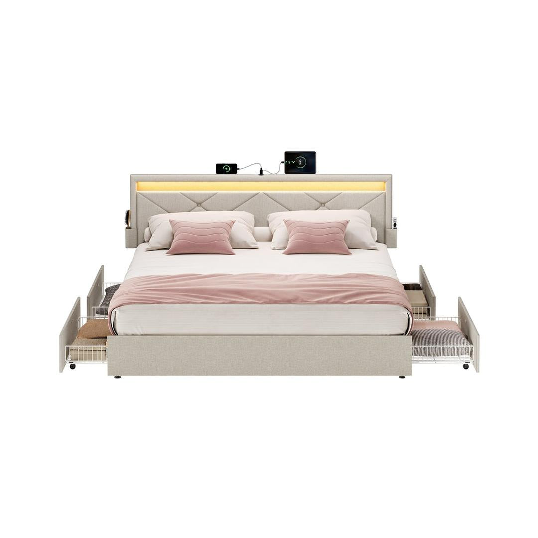 LED-boxspringseng med opbevaringsskuffer – USB-A og USB-C, justerbart sengegavl, cappuccino beige