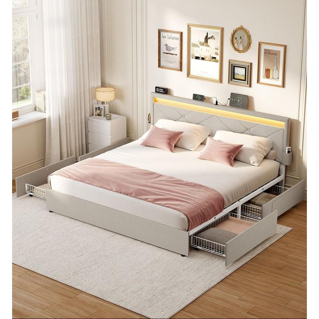 LED-boxspringseng med opbevaringsskuffer – USB-A og USB-C, justerbart sengegavl, cappuccino beige