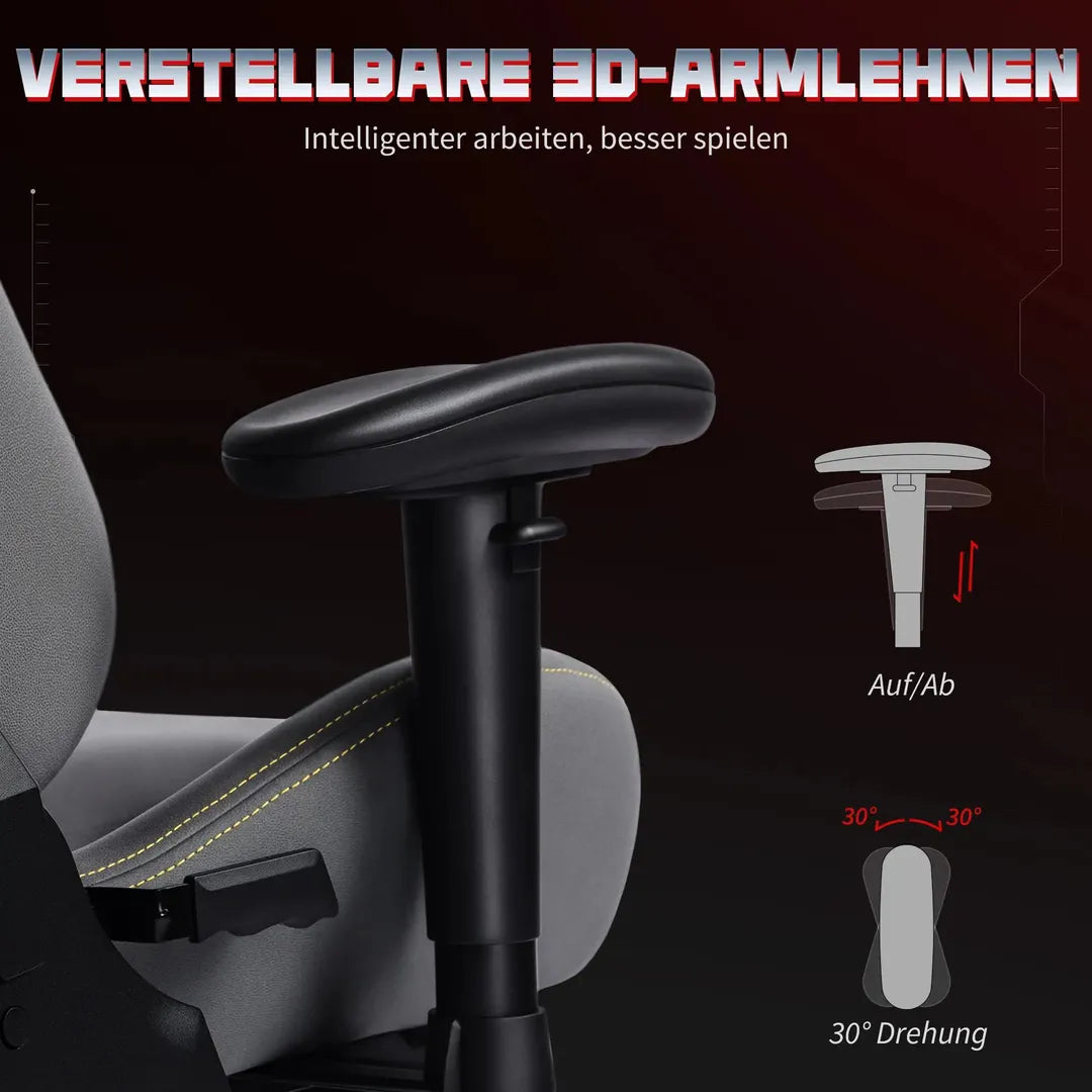 Ergonomisk gamerstol med 3D-armlæn – justerbar ryglæn, lændestøtte og hjul, grå