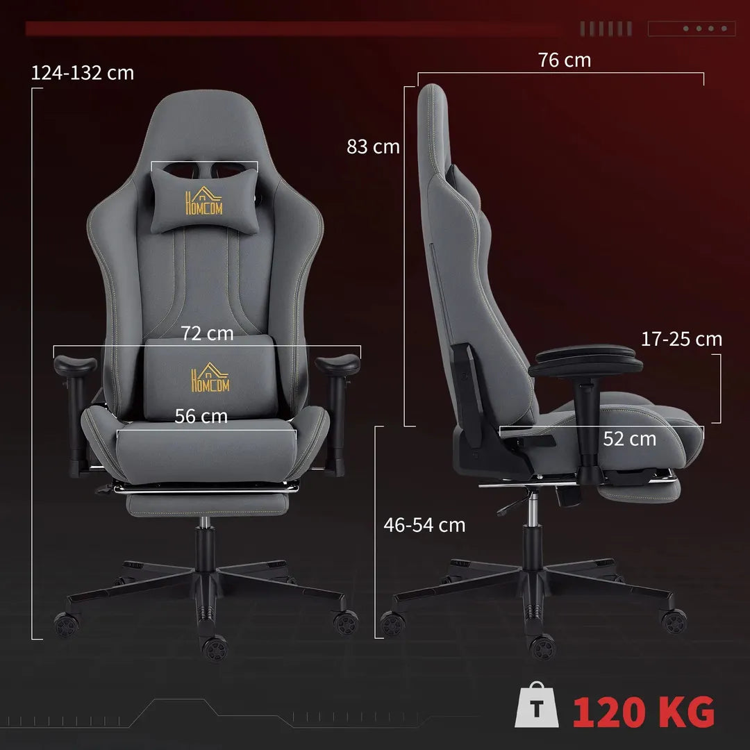 Ergonomisk gamerstol med 3D-armlæn – justerbar ryglæn, lændestøtte og hjul, grå