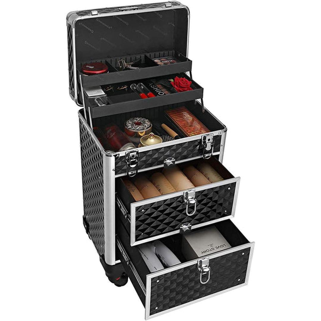 Makeup Trolley på Hjul – Kosmetikkuffert med Skuffer, Rumdelere og Aflåseligt Design i Sort