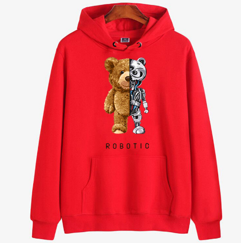 Hættetrøje med print af en halv bamse og en halv robot forfra