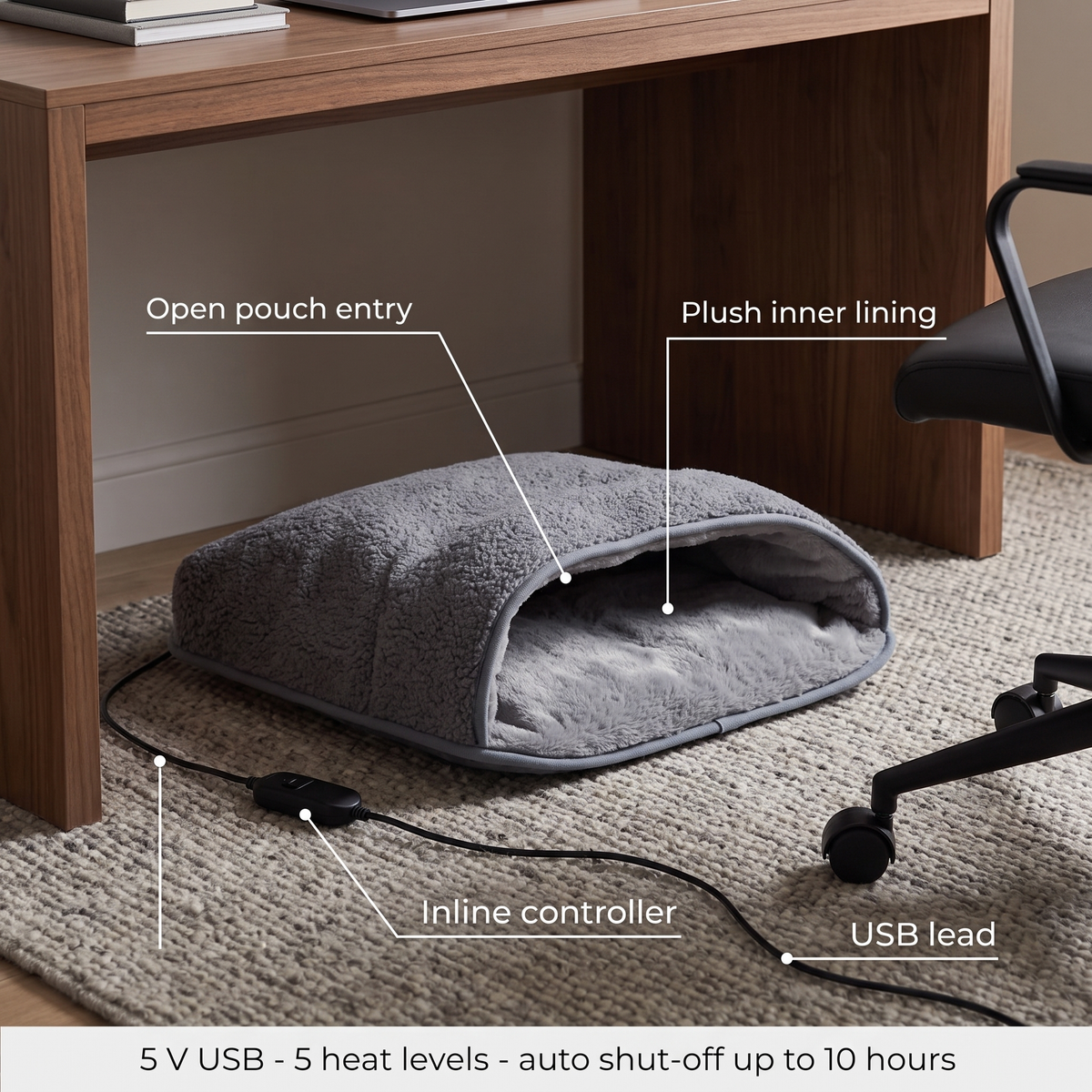 Fodvarmer med USB i sherpa og plys – billede 2
