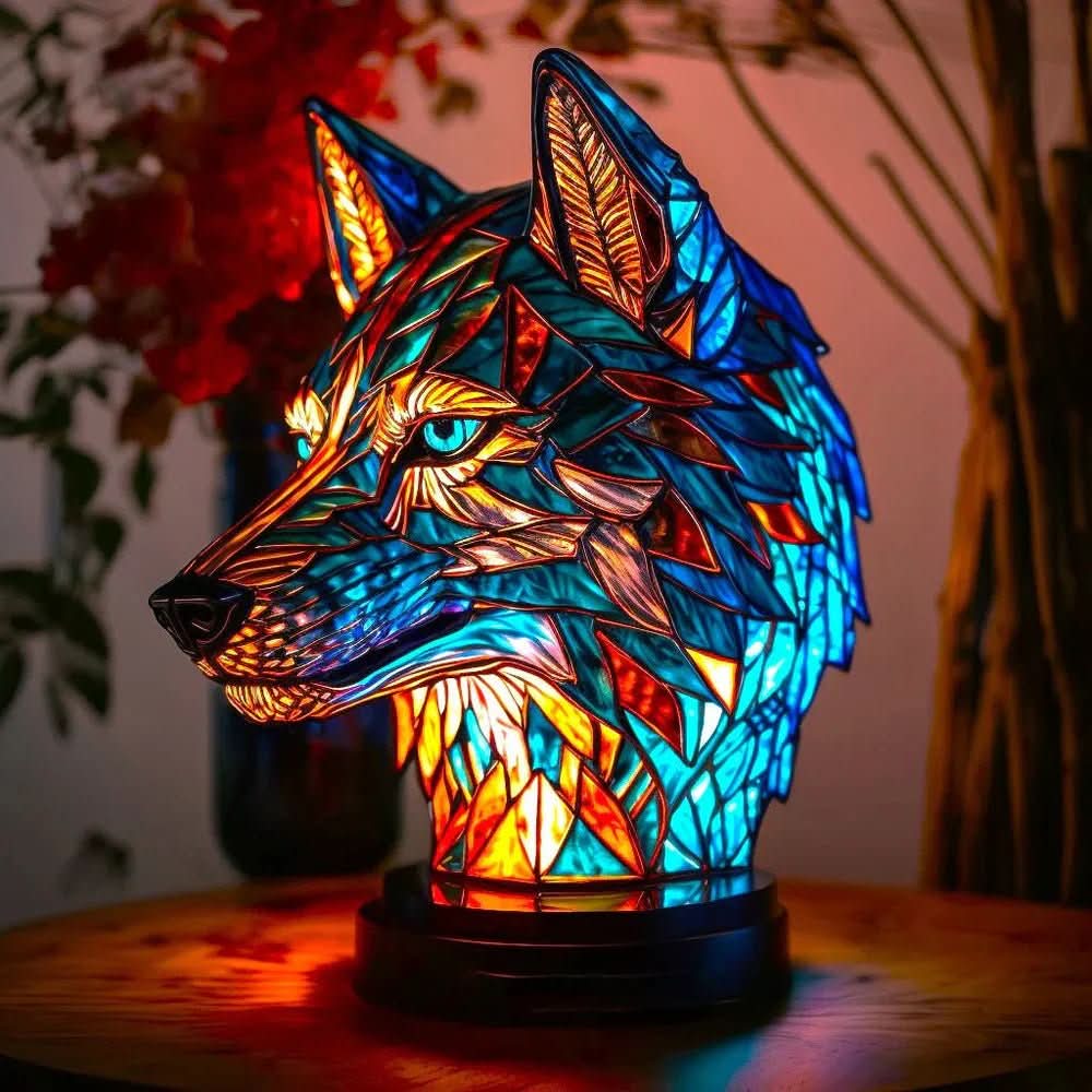 DYRGLANS kunstnerisk bordlampe i farvet glas med dyremotiv
