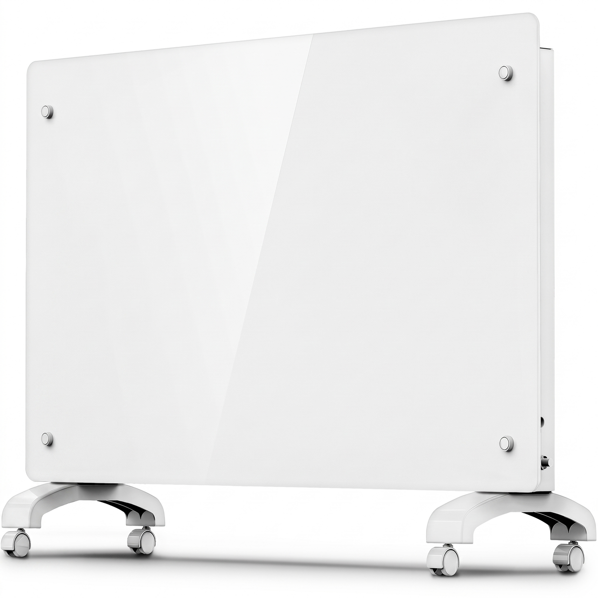 Hvid elvarmer med glasfront på hjul i et soveværelse