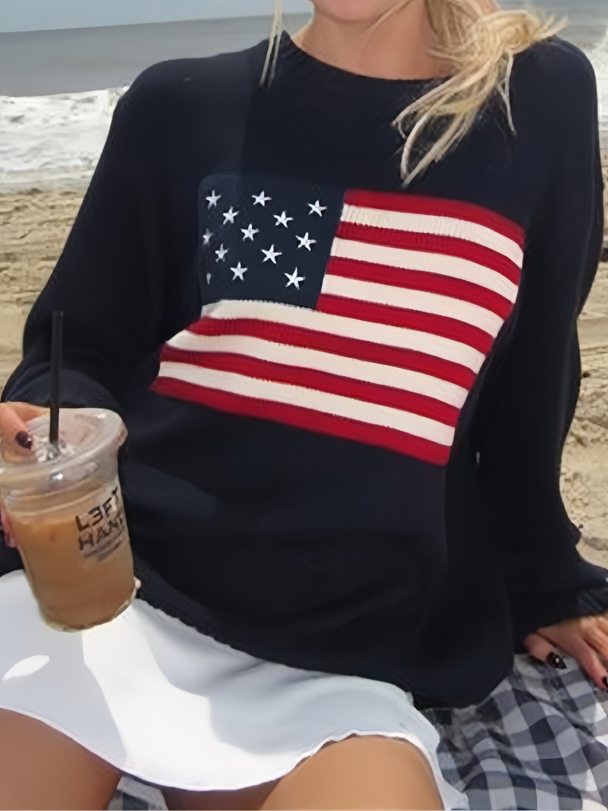 FLAGHOLM vintage sweater i blå med jacquardstrikket flagmønster