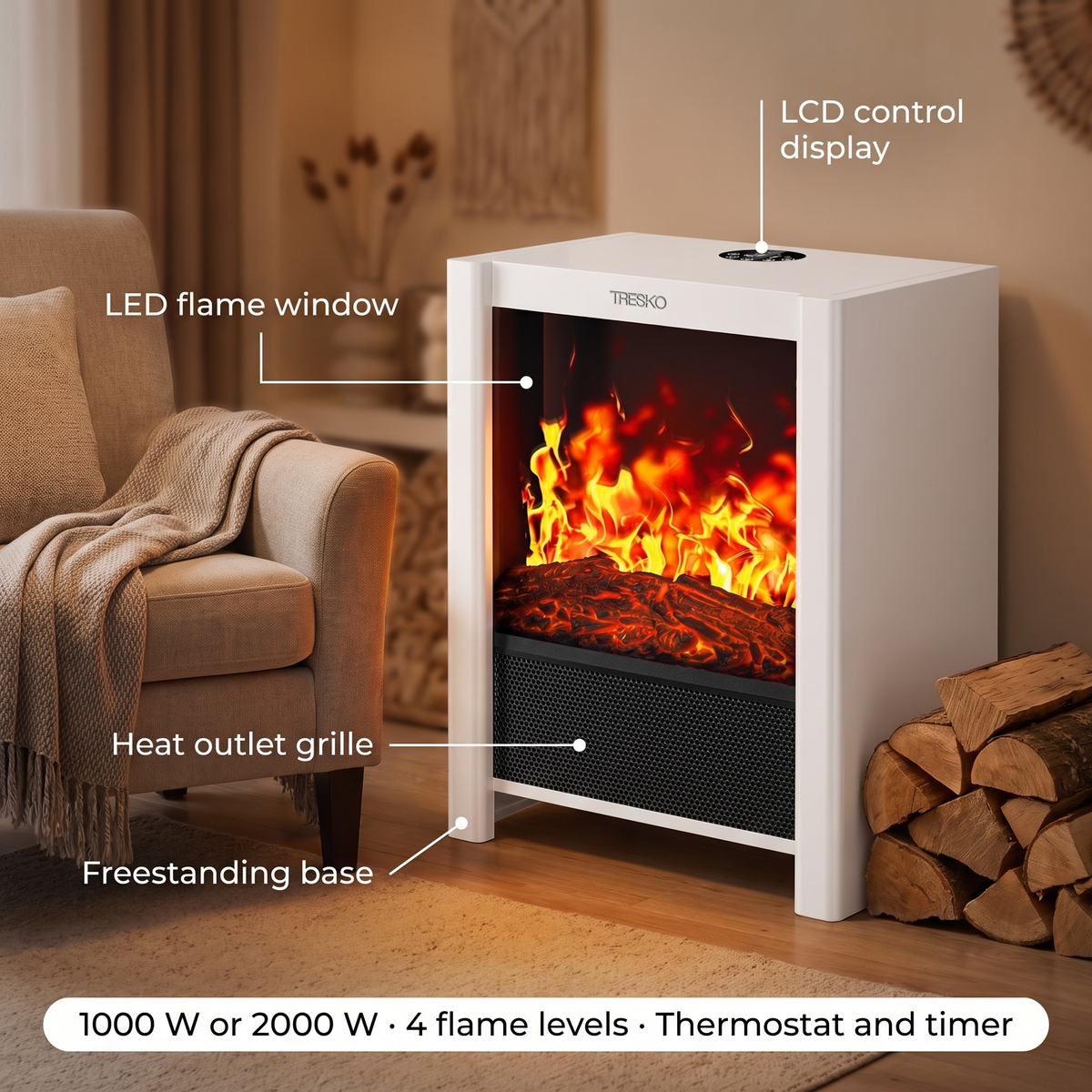 Fritstående elektrisk pejs med LED-flammeeffekt – billede 2
