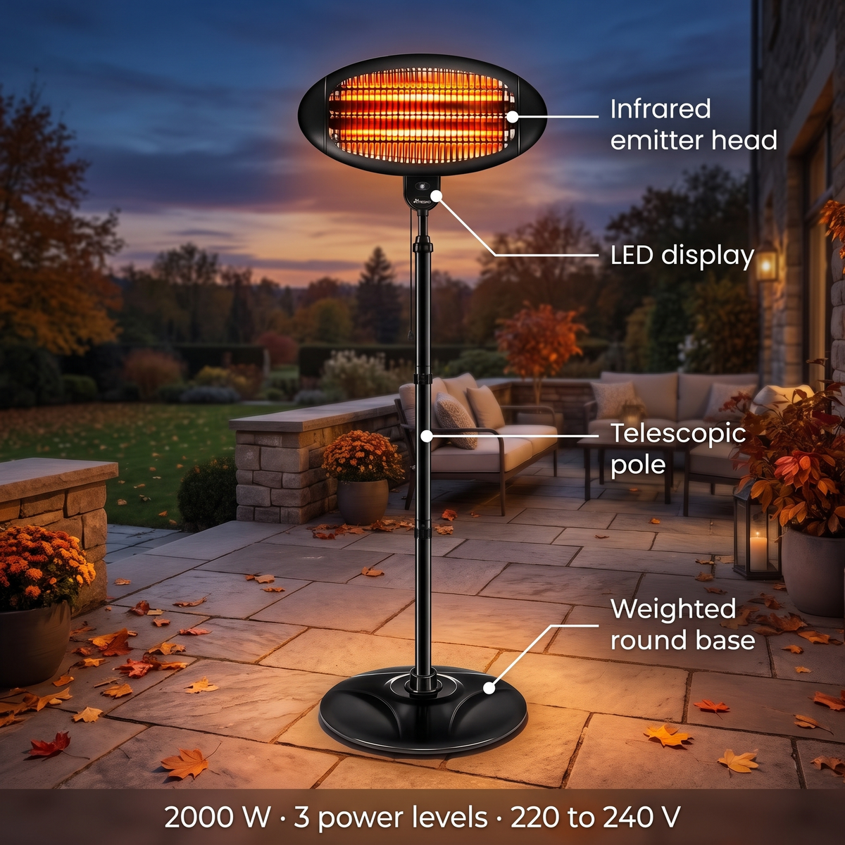 Fritstående infrarød terrassevarmer 2000 W – billede 2