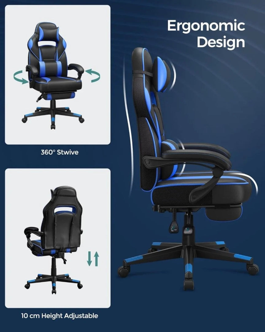 Ergonomisk gamingstol med nakkestøtte og fodstøtte