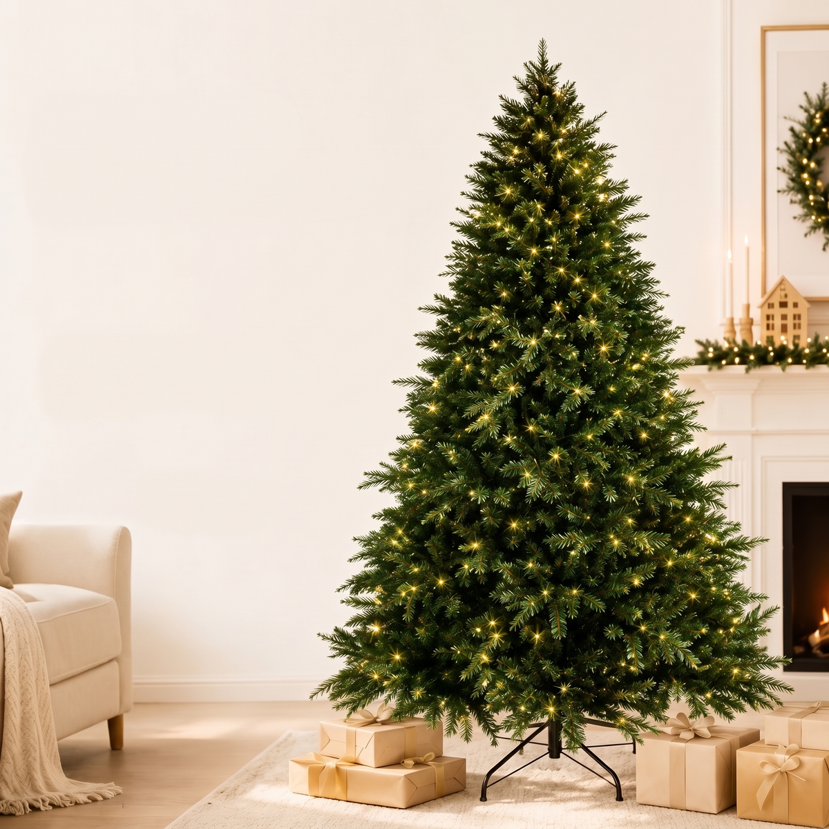 Kunstigt juletræ i PE og PVC med tætte grene set forfra