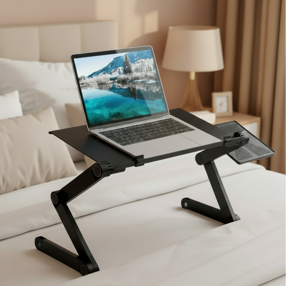 HÆVEKANT ergonomisk laptopstativ i aluminium med laptop