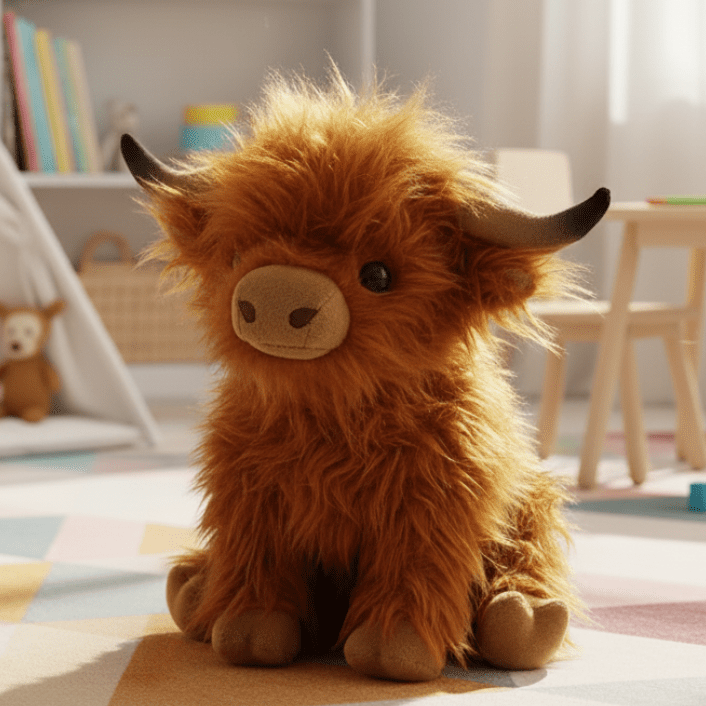 Brun blød bamse formet som en highland ko med pjusket manke