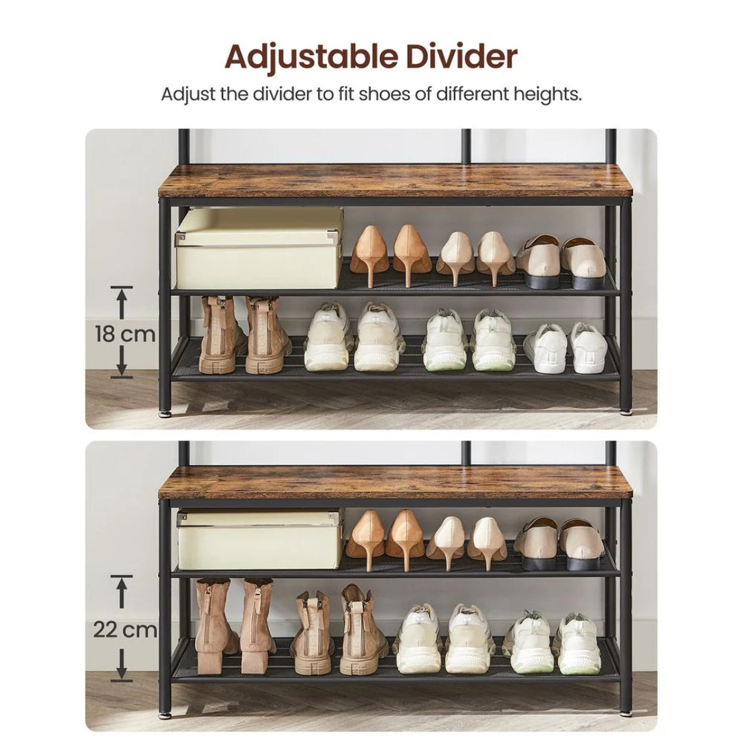 Garderobestativ med skoreol bænk og spejl 4-i-1