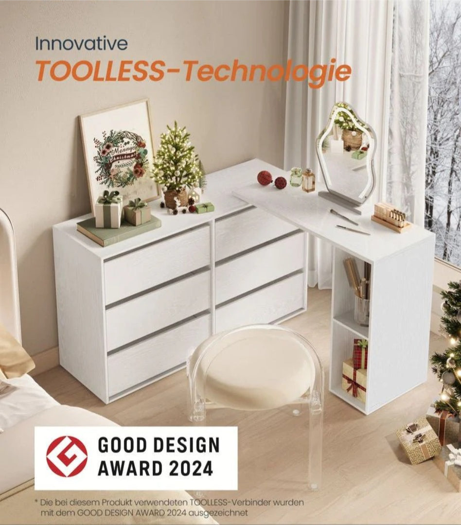 L-formet sminkebord med 6 skuffer og skab