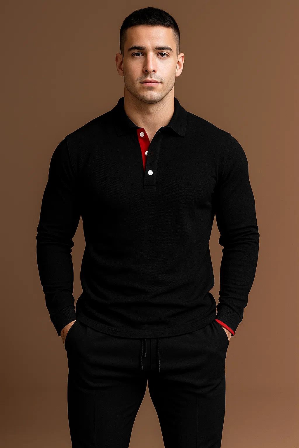 Langærmet poloshirt til herrer med krave og knaplukning i regular fit – billede 5