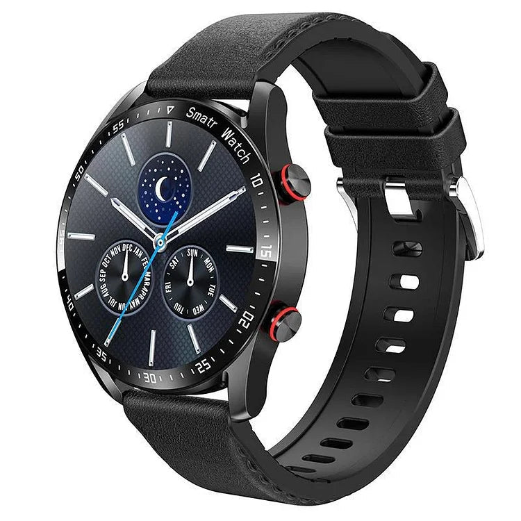 Smartwatch med brun læderrem vist på håndled under et opkald