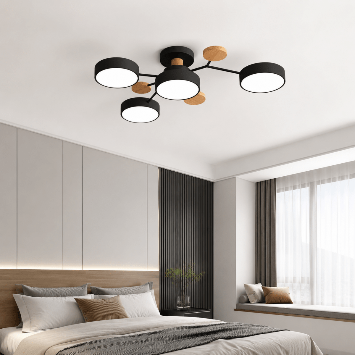 LOFTKRANS rund LED-loftlampe i sort med seks skærme over et spisebord