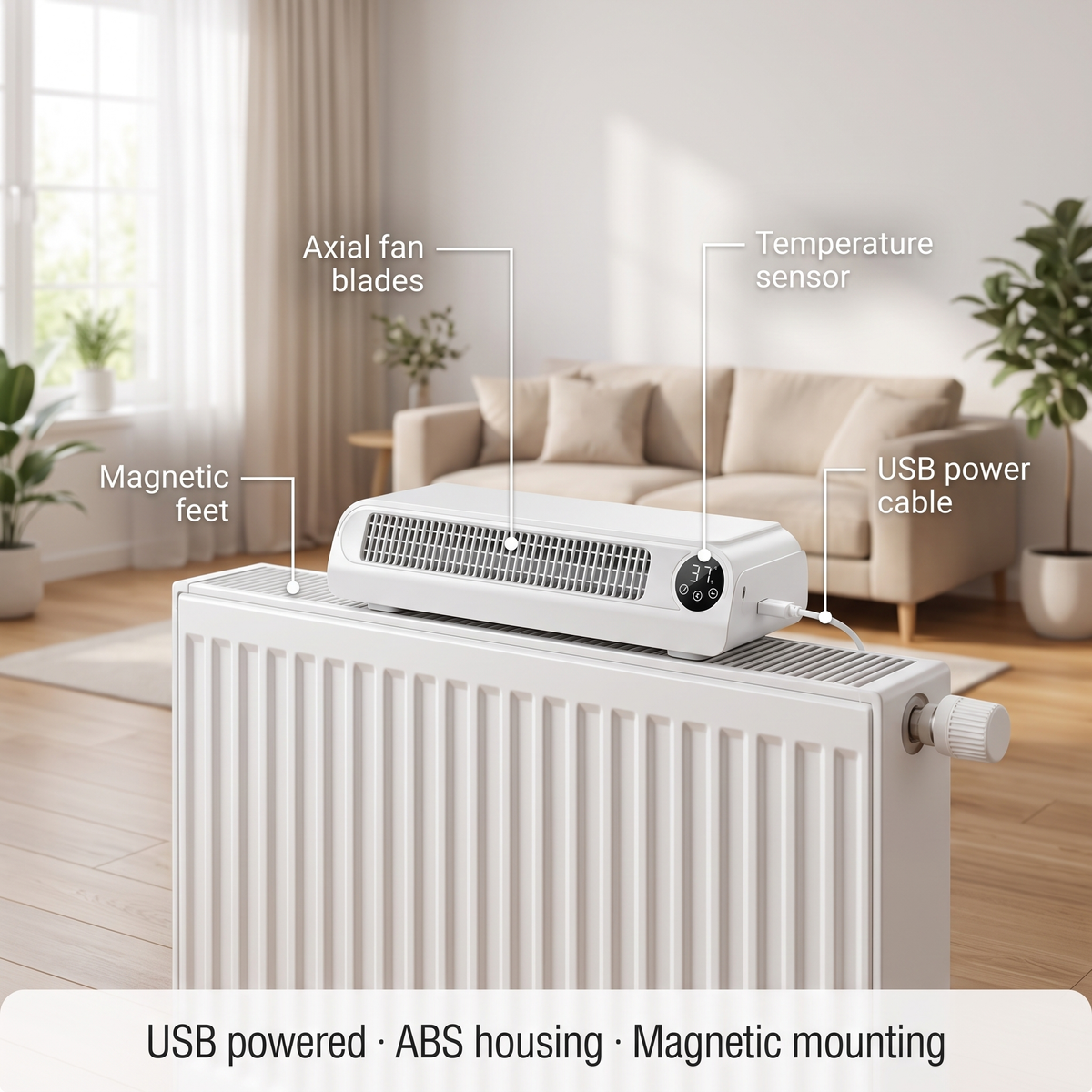Hvid magnetisk radiatorventilator med USB – billede 2