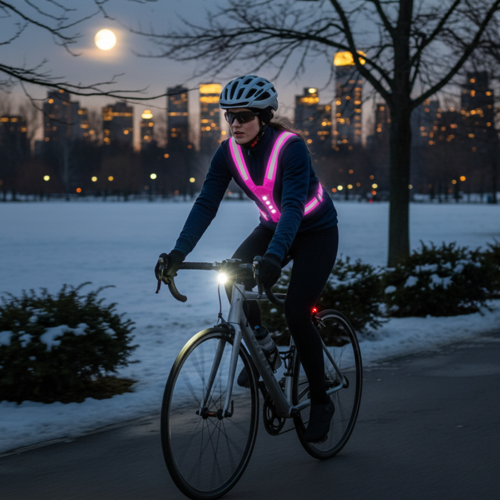 Sort LED-løbevest med reflekterende striber set forfra