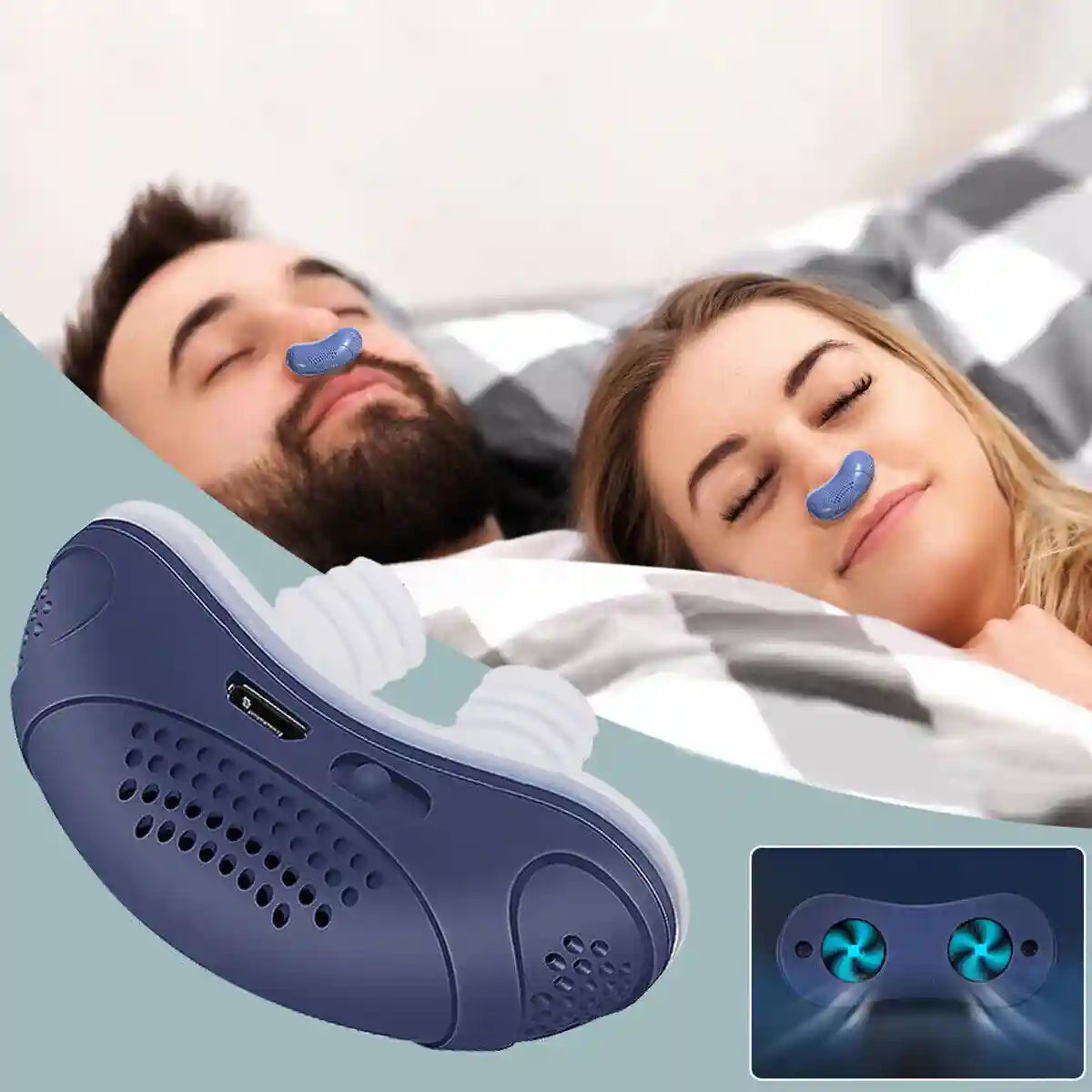 NATLUFT micro CPAP apparat i blå silikone set tæt på