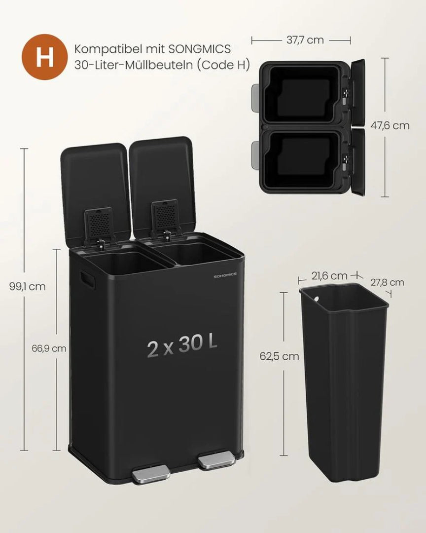 60L dobbelt pedalspand med udtagelige beholdere – produktvisning 9 | Noreva Home