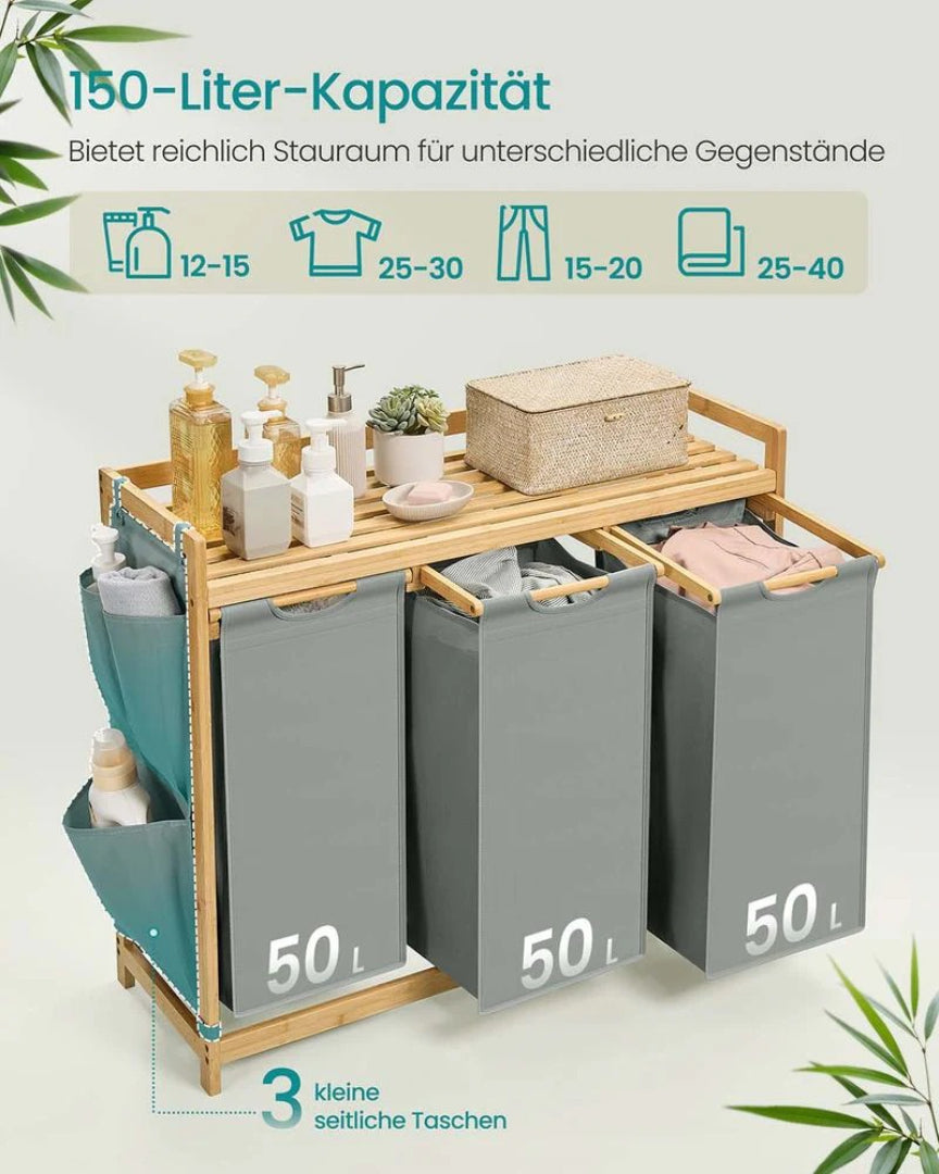 Bambus vasketøjskurv med 3 rum og hylde – produktvisning 4 | Noreva Home