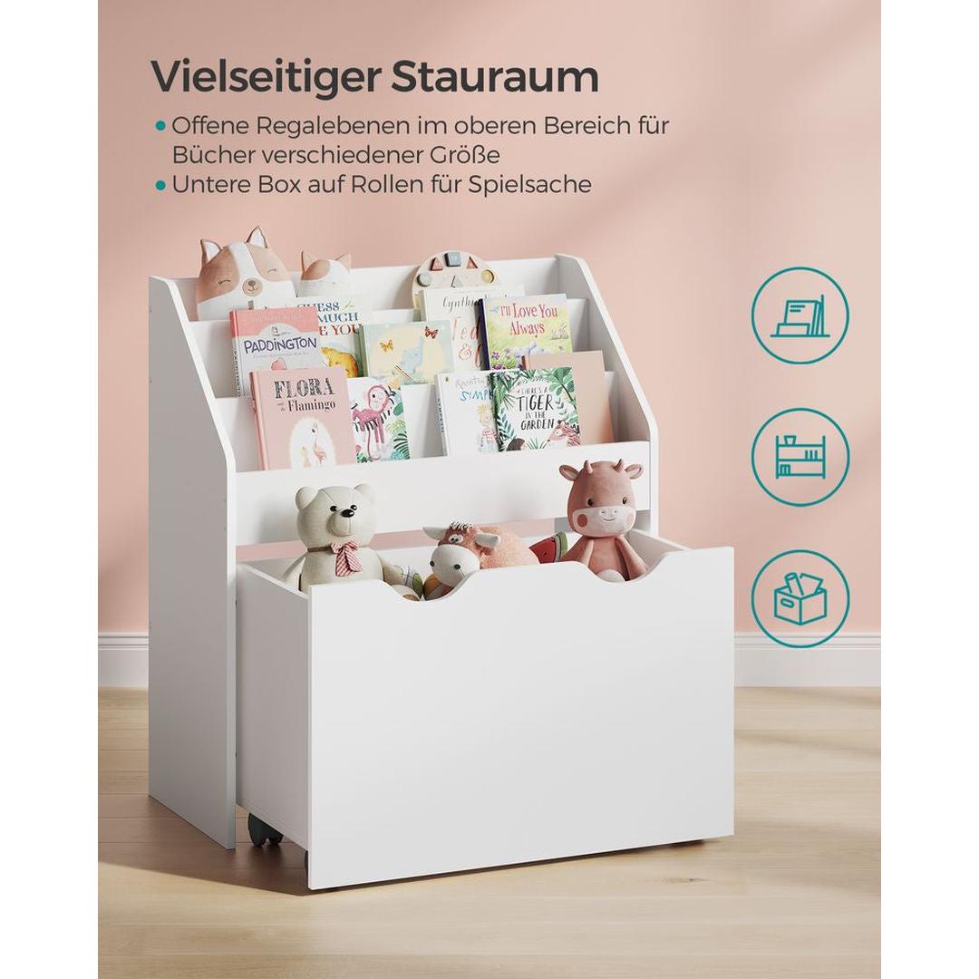 Børnelegetøjsreol med hjul – opbevaringsreol med 3 hylder og udtrækkelig kasse til bøger og legetøj – produktvisning 7 | Noreva Home