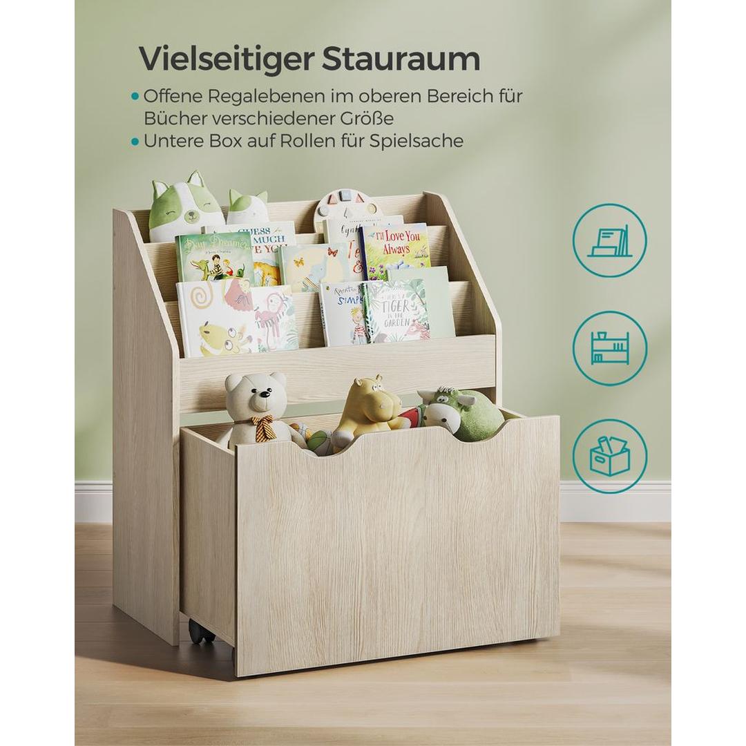 Børnelegetøjsreol med hjul – opbevaringsreol med 3 hylder og udtrækkelig kasse til bøger og legetøj – produktvisning 17 | Noreva Home