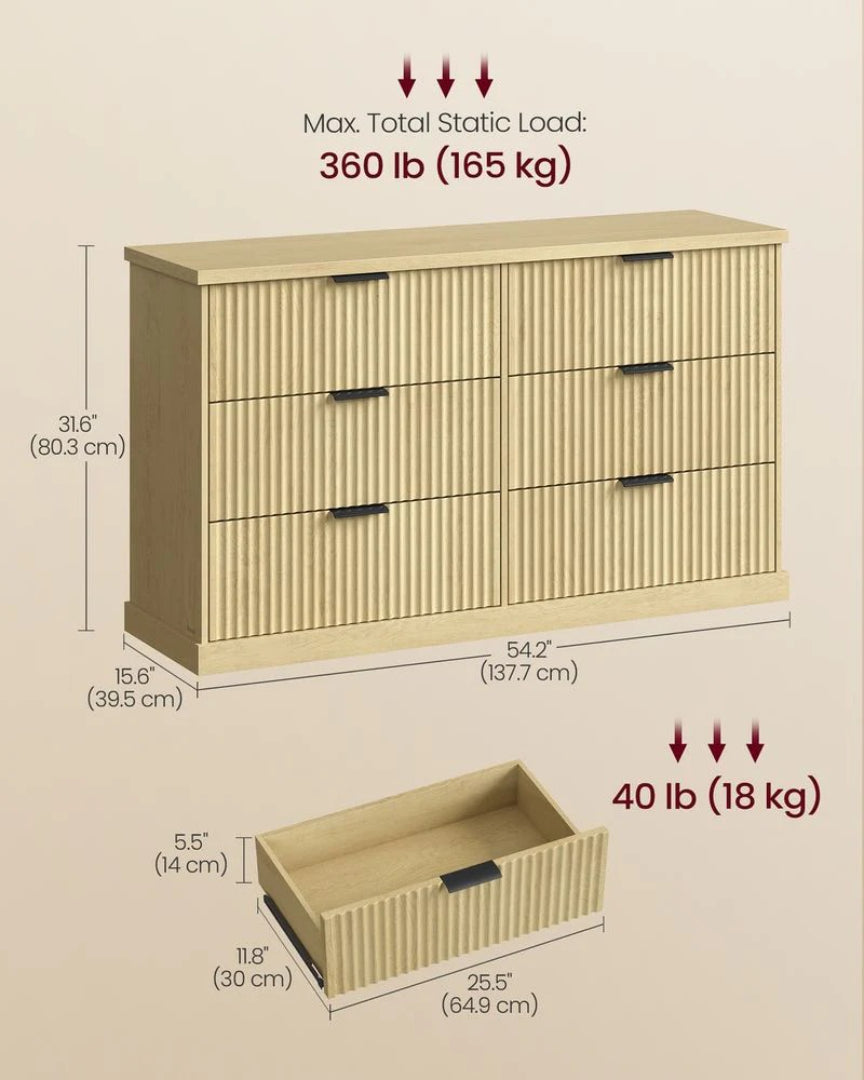 Bred kommode med 6 skuffer og riflet front, produktvisning 9 | Noreva Home