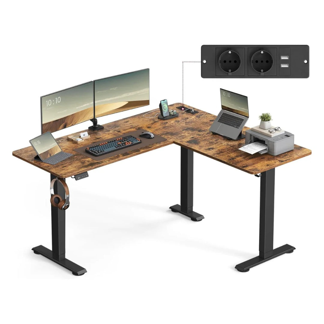 Elektrisk L-formet hæve-sænkebord 140x160 cm med USB – produktvisning 1 | Noreva Home
