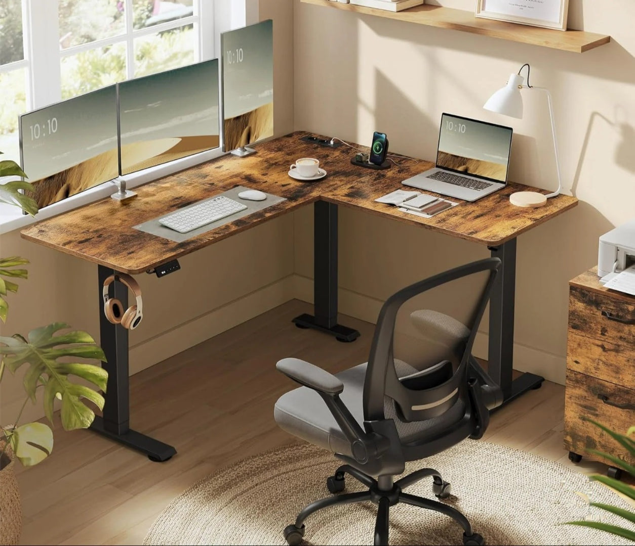 Elektrisk L-formet hæve-sænkebord 140x160 cm med USB – produktvisning 3 | Noreva Home