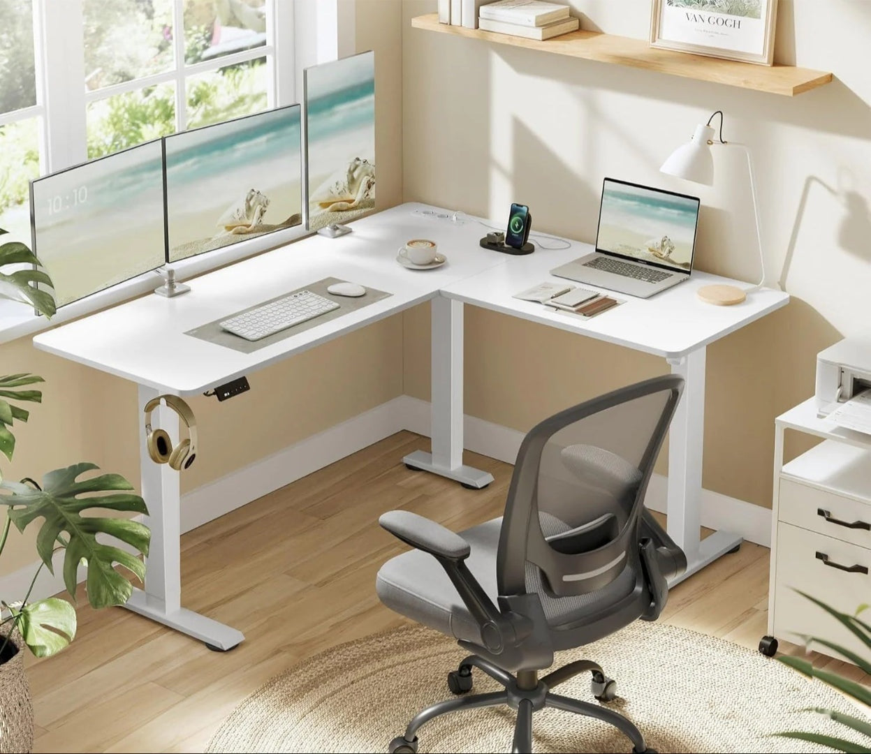 Elektrisk L-formet hæve-sænkebord 140x160 cm med USB – produktvisning 4 | Noreva Home